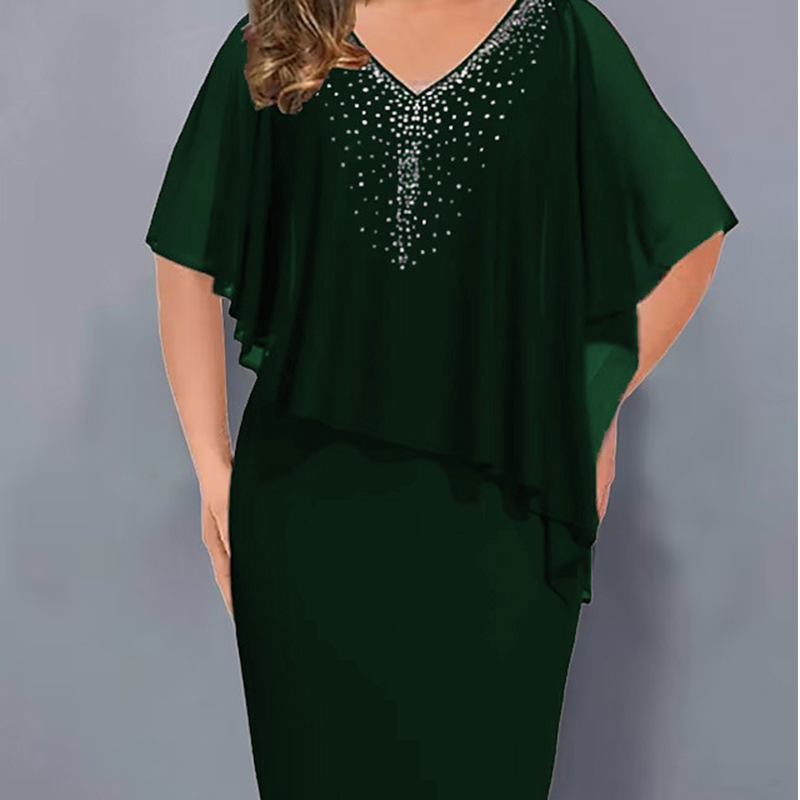 💐Cape-jurk met V-hals en strassversiering, met een overlaag van chiffon