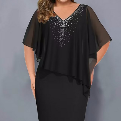💐Cape-jurk met V-hals en strassversiering, met een overlaag van chiffon