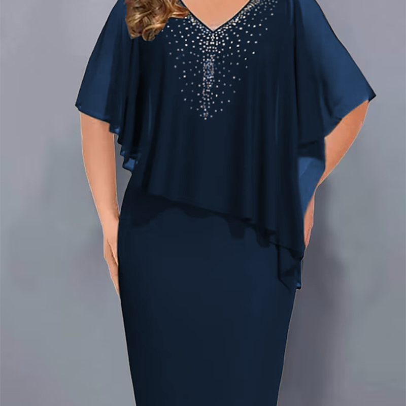 💐Cape-jurk met V-hals en strassversiering, met een overlaag van chiffon