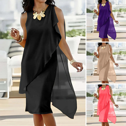 ⏳Tijdelijke aanbieding⏰Elegante zomerse mouwloze jurk voor dames met ronde hals en asymmetrisch mesh-patroon👗