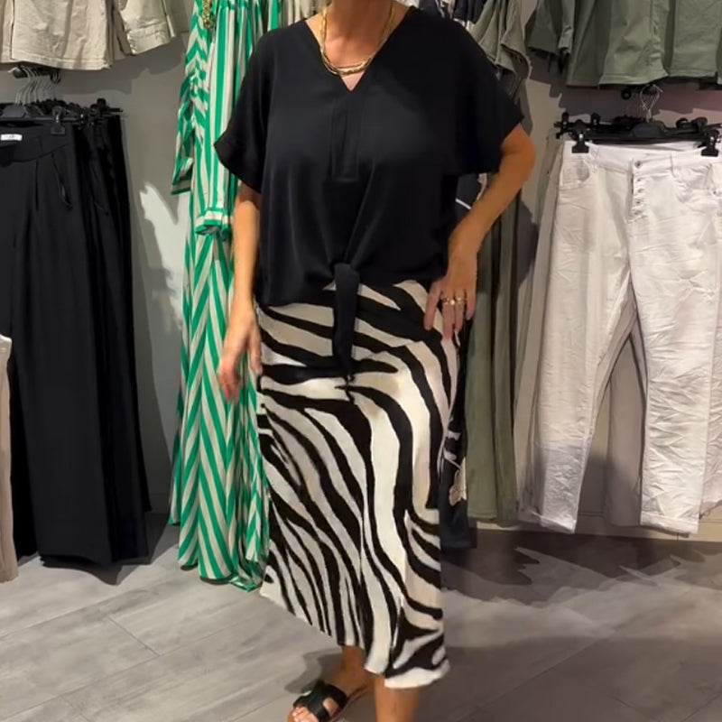 Top met strik aan de voorkant en midirok voor dames – Casual set