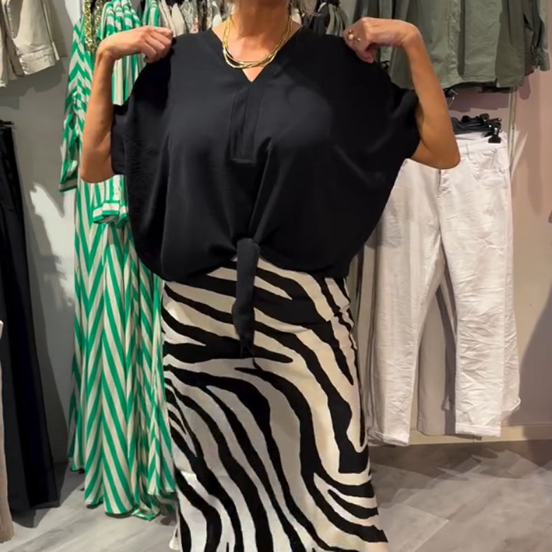 Top met strik aan de voorkant en midirok voor dames – Casual set