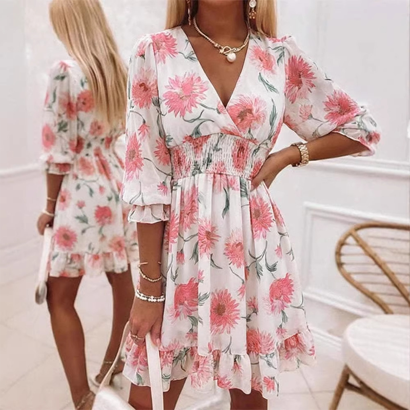 ⏰ A-lijn jurk met V-hals en bloemenprint – Gerimpelde taille, zoom met volants, perfect voor de zomer 🌸