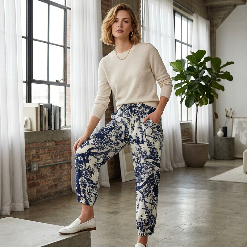 Joggingbroek in vintage-stijl met bloemenprint en hoge taille