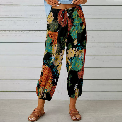 Joggingbroek in vintage-stijl met bloemenprint en hoge taille