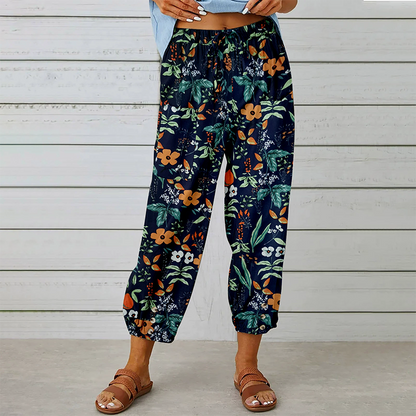 Joggingbroek in vintage-stijl met bloemenprint en hoge taille