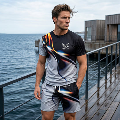 🩳 Set met T-shirt en korte broek met abstracte print voor heren – Licht, ademend en met een relaxte pasvorm – perfect voor de zomer, om te sporten of voor ontspannen dagen – moderne en unieke look 🎨
