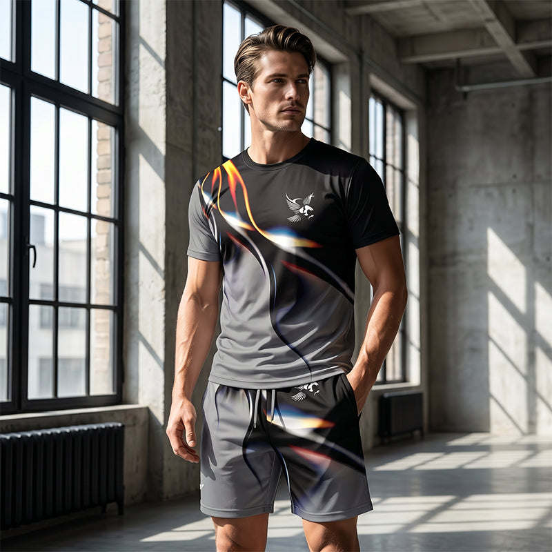 🩳 Set met T-shirt en korte broek met abstracte print voor heren – Licht, ademend en met een relaxte pasvorm – perfect voor de zomer, om te sporten of voor ontspannen dagen – moderne en unieke look 🎨