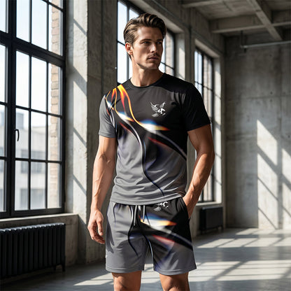 🩳 Set met T-shirt en korte broek met abstracte print voor heren – Licht, ademend en met een relaxte pasvorm – perfect voor de zomer, om te sporten of voor ontspannen dagen – moderne en unieke look 🎨
