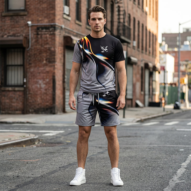 🩳 Set met T-shirt en korte broek met abstracte print voor heren – Licht, ademend en met een relaxte pasvorm – perfect voor de zomer, om te sporten of voor ontspannen dagen – moderne en unieke look 🎨