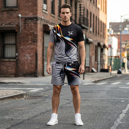 🩳 Set met T-shirt en korte broek met abstracte print voor heren – Licht, ademend en met een relaxte pasvorm – perfect voor de zomer, om te sporten of voor ontspannen dagen – moderne en unieke look 🎨