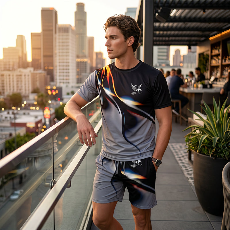 🩳 Set met T-shirt en korte broek met abstracte print voor heren – Licht, ademend en met een relaxte pasvorm – perfect voor de zomer, om te sporten of voor ontspannen dagen – moderne en unieke look 🎨