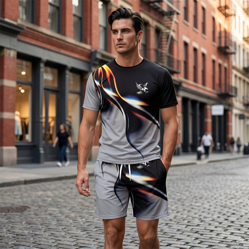 🩳 Set met T-shirt en korte broek met abstracte print voor heren – Licht, ademend en met een relaxte pasvorm – perfect voor de zomer, om te sporten of voor ontspannen dagen – moderne en unieke look 🎨