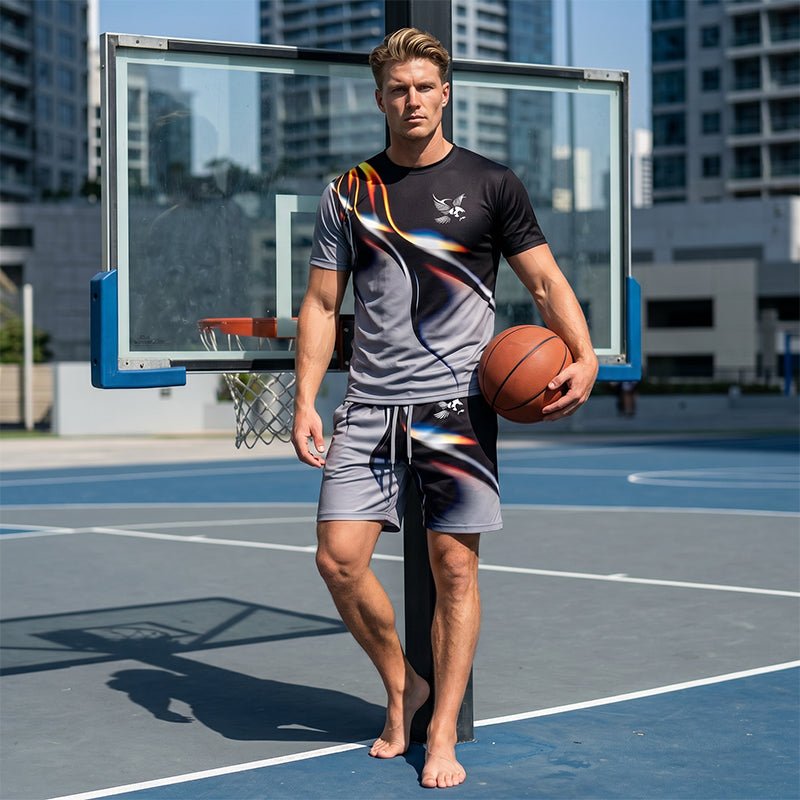 🩳 Set met T-shirt en korte broek met abstracte print voor heren – Licht, ademend en met een relaxte pasvorm – perfect voor de zomer, om te sporten of voor ontspannen dagen – moderne en unieke look 🎨