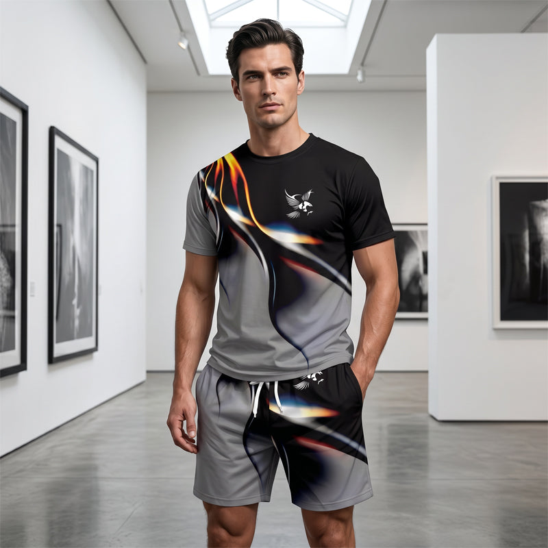 🩳 Set met T-shirt en korte broek met abstracte print voor heren – Licht, ademend en met een relaxte pasvorm – perfect voor de zomer, om te sporten of voor ontspannen dagen – moderne en unieke look 🎨