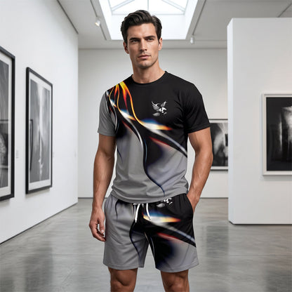 🩳 Set met T-shirt en korte broek met abstracte print voor heren – Licht, ademend en met een relaxte pasvorm – perfect voor de zomer, om te sporten of voor ontspannen dagen – moderne en unieke look 🎨