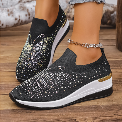 Slip-on sneakers voor dames met strasssteentjes en een vlindermotief