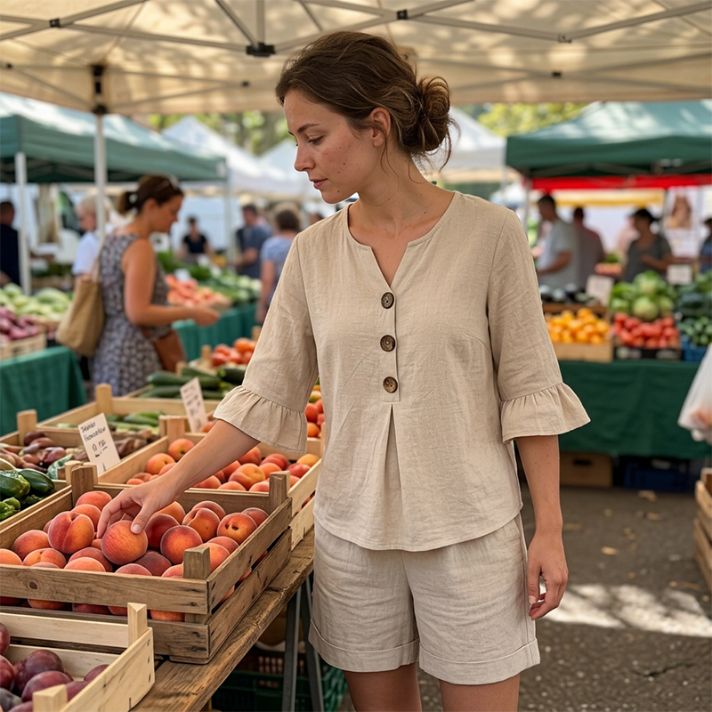 👚👖 Set met V-hals, ruches aan de mouwen en zakken