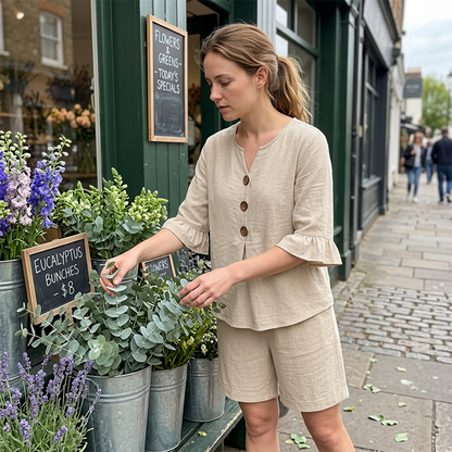 👚👖 Set met V-hals, ruches aan de mouwen en zakken