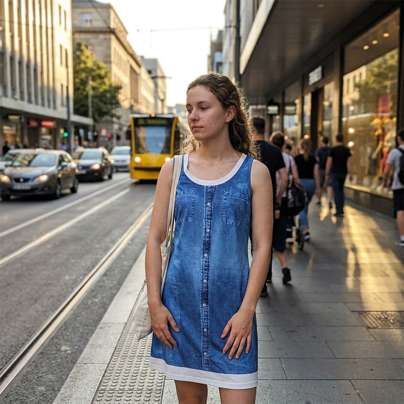 Tweedelige jurk voor dames van bedrukt imitatiedenim