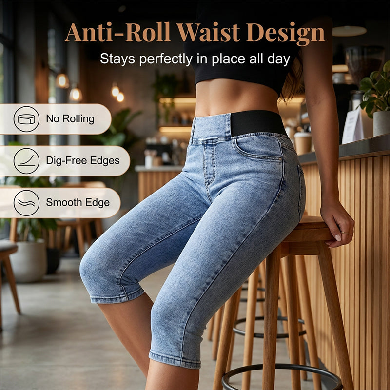 Capri-jeansbroek met hoge taille voor dames, elastische tailleband, kort model