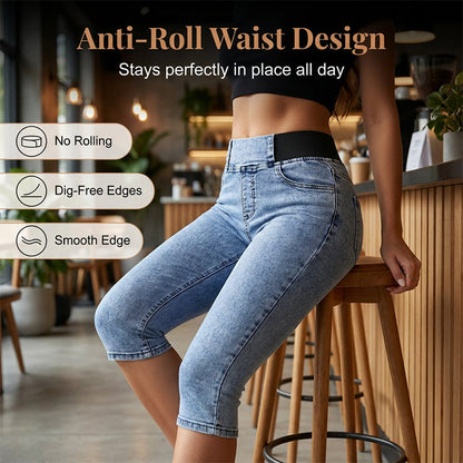 Capri-jeansbroek met hoge taille voor dames, elastische tailleband, kort model
