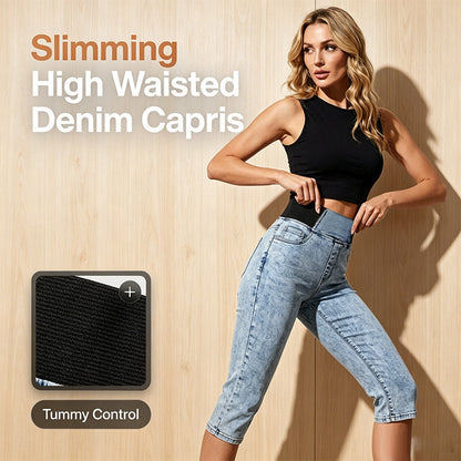 Capri-jeansbroek met hoge taille voor dames, elastische tailleband, kort model