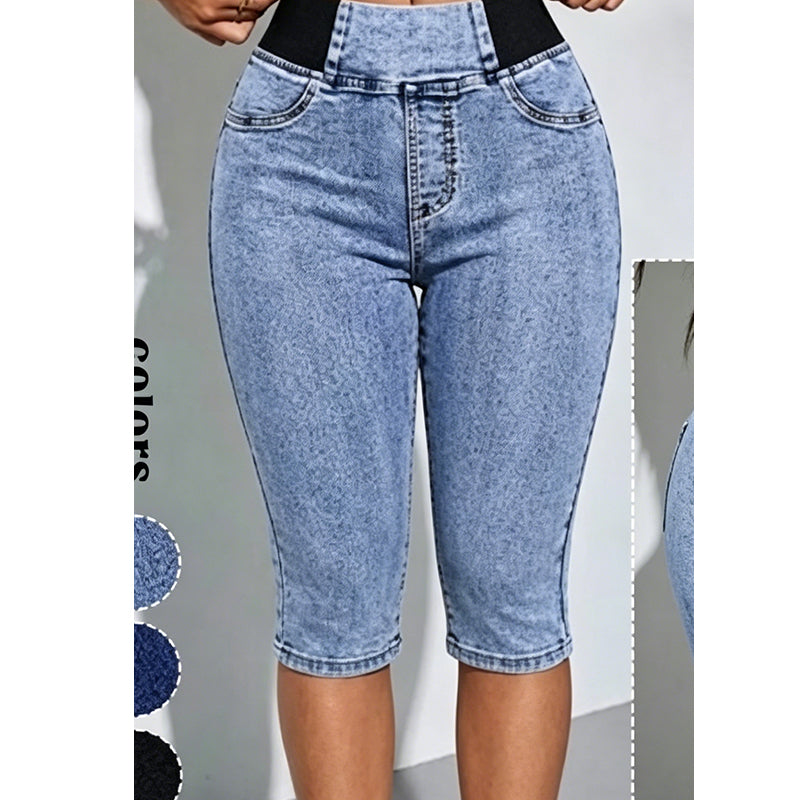 Capri-jeansbroek met hoge taille voor dames, elastische tailleband, kort model