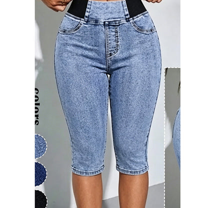 Capri-jeansbroek met hoge taille voor dames, elastische tailleband, kort model