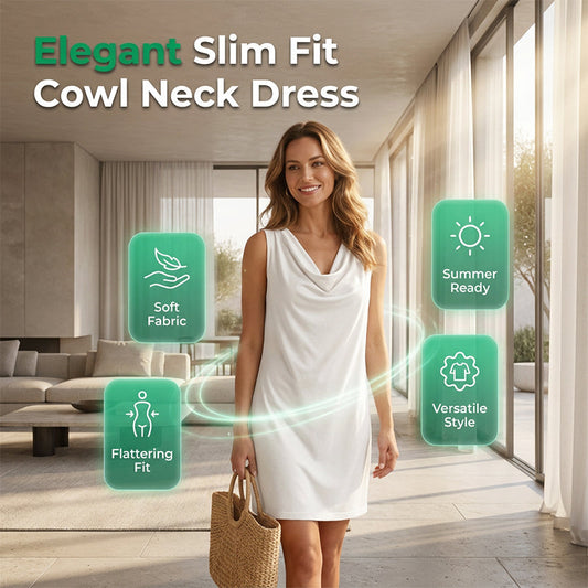 ⏰ Elegante slim-fit jurk met cowl-hals – Mouwloos, met zijzakken en veelzijdig – Flatterende drapering, perfect voor op het werk of ’s avonds – Comfortabel en chic ✨🌸