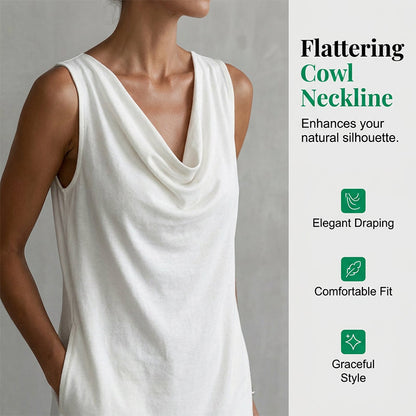 ⏰ Elegante slim-fit jurk met cowl-hals – Mouwloos, met zijzakken en veelzijdig – Flatterende drapering, perfect voor op het werk of ’s avonds – Comfortabel en chic ✨🌸