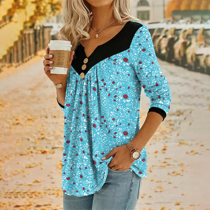 T-shirt met lange mouwen en print, met V-hals, voor dames