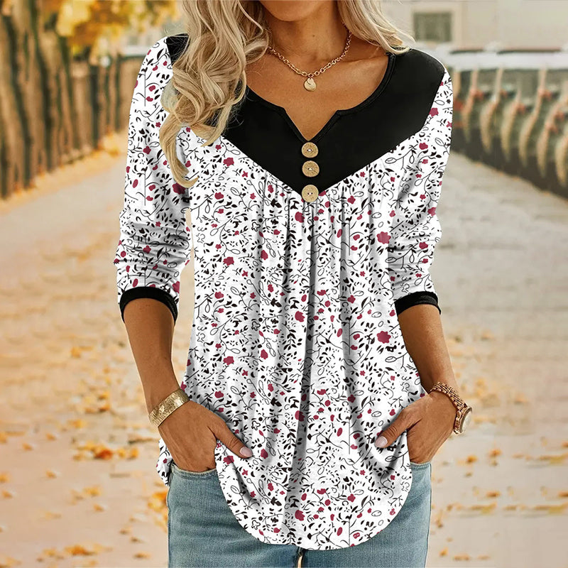 T-shirt met lange mouwen en print, met V-hals, voor dames