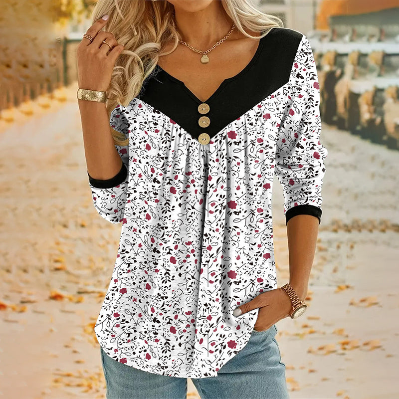 T-shirt met lange mouwen en print, met V-hals, voor dames