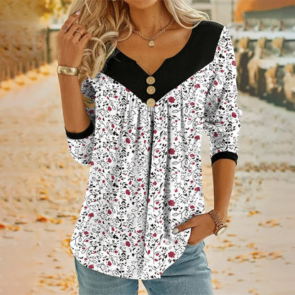 T-shirt met lange mouwen en print, met V-hals, voor dames