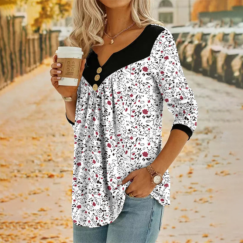 T-shirt met lange mouwen en print, met V-hals, voor dames