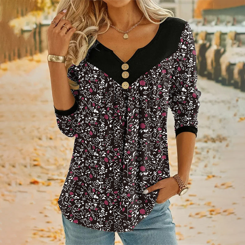 T-shirt met lange mouwen en print, met V-hals, voor dames