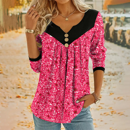 T-shirt met lange mouwen en print, met V-hals, voor dames