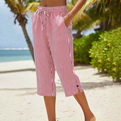 Gestreepte capribroek van een katoen-linnenmix voor dames, met zakken