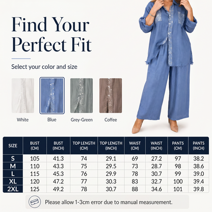 Set bestaande uit een shirt met pailletten en een broek met wijde pijpen voor dames