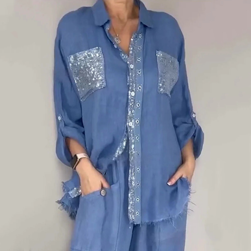 Set bestaande uit een shirt met pailletten en een broek met wijde pijpen voor dames