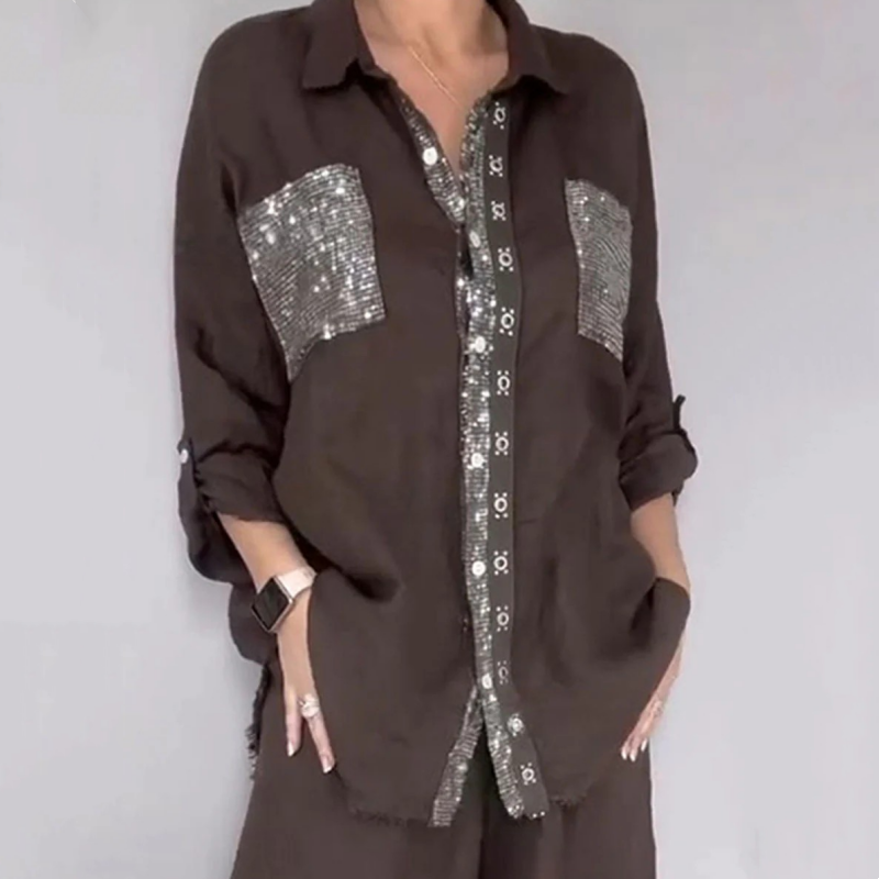 Set bestaande uit een shirt met pailletten en een broek met wijde pijpen voor dames