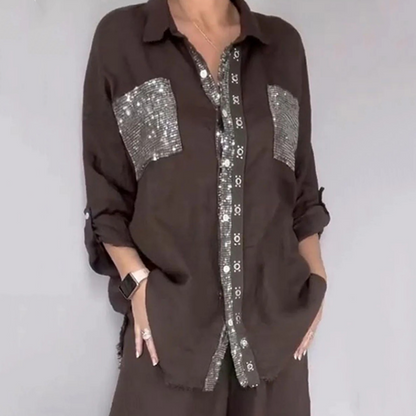 Set bestaande uit een shirt met pailletten en een broek met wijde pijpen voor dames