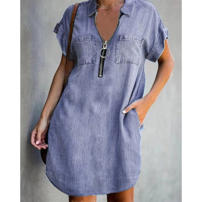 👗Casual spijkerjurk voor dames, losse pasvorm, met reverskraag, korte mouwen, ritssluiting en zakken