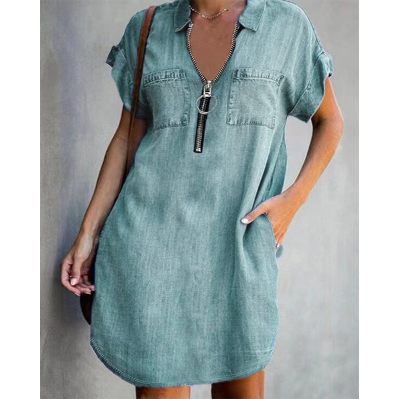 👗Casual spijkerjurk voor dames, losse pasvorm, met reverskraag, korte mouwen, ritssluiting en zakken