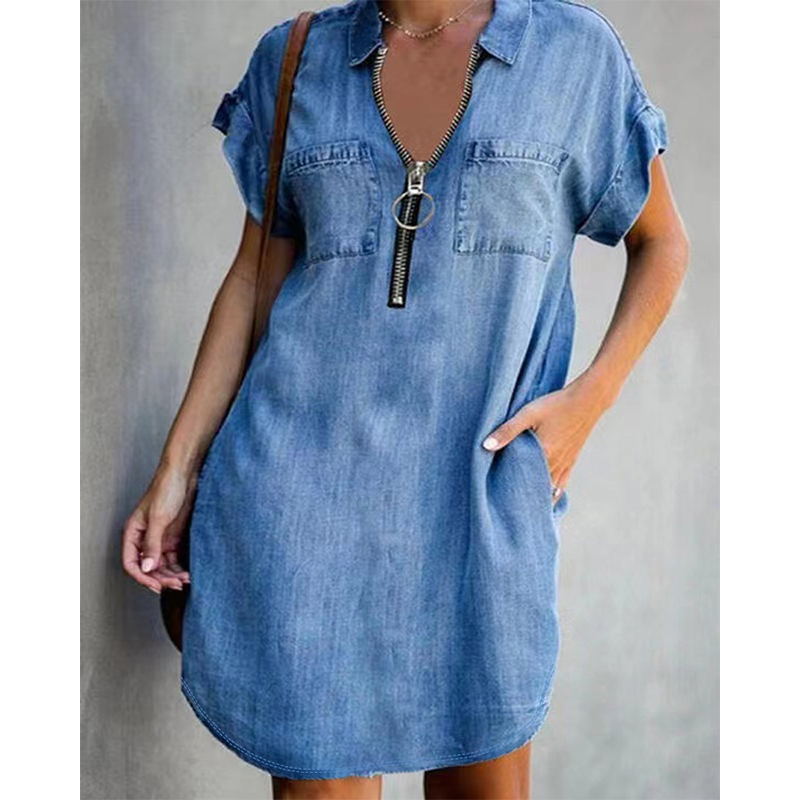👗Casual spijkerjurk voor dames, losse pasvorm, met reverskraag, korte mouwen, ritssluiting en zakken