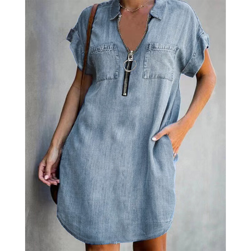 👗Casual spijkerjurk voor dames, losse pasvorm, met reverskraag, korte mouwen, ritssluiting en zakken