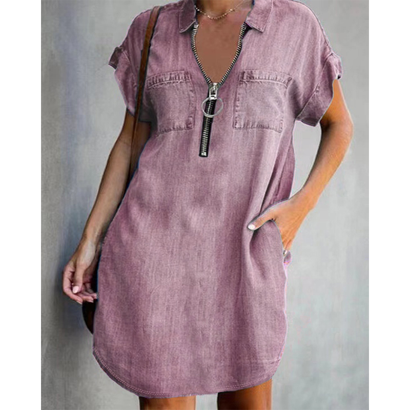 👗Casual spijkerjurk voor dames, losse pasvorm, met reverskraag, korte mouwen, ritssluiting en zakken