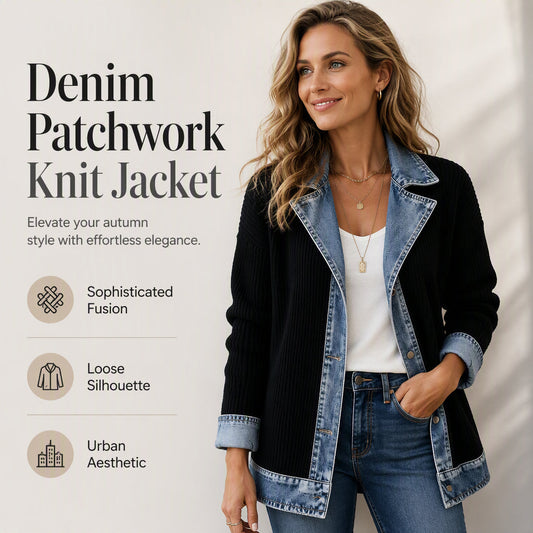 ⭐ Elegante damesjas van denim met geribbelde gebreide inzet