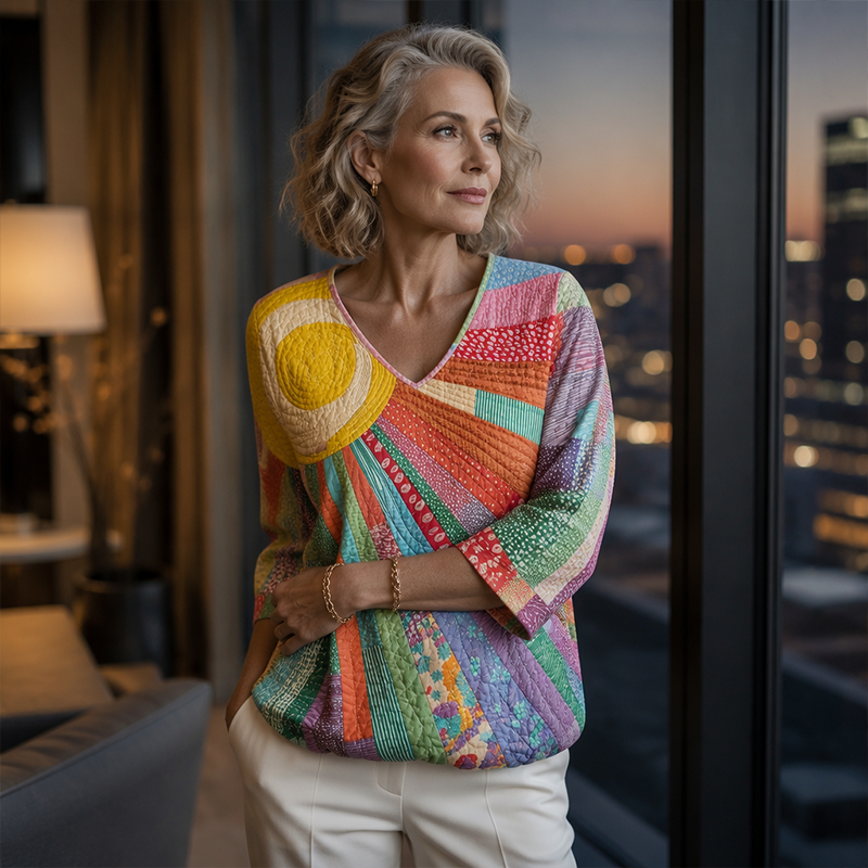 👚 Retro, artistieke blouse met digitale print – boho-chic